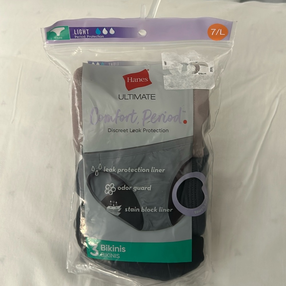 HANES 3-PACK PERIOD UNDERWEAR SIZE 7/L MSRP $27.00 BRAND NEW